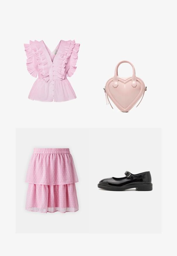 Lyserød bluse med flæsekantede ærmer og V-udskæring. Den har knaplukning foran og en tætsiddende bodice, der udvides til en peplum-stil.; Rosa lagdelt nederdel lavet af letvægtsstof, med en rynket elastisk talje og subtil mønstertekstur gennem hele. ; Sorte patentlæder Mary Jane-sko med rund tå, justerbar spænde, lav blokhælhæl og glat, blank finish.; Lyserød, hjerteformet håndtaske med dobbelte håndtag og sidelommer med lynlås, lavet af glat læder.