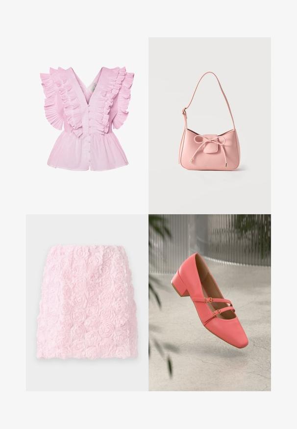 Blusa rosa claro con mangas acampanadas y escote en V. Tiene un cierre de botones en el frente y un corsé ajustado que se ensancha en un estilo peplum.; Falda mini rosa con un diseño Texturizado que presenta flores de tela en capas. La superficie es suave y detallada, creando un efecto floral tridimensional.; Zapato bajo de piel coral con tacón bajo y punta afilada, que presenta dos correas y hebillas en tono dorado. Textura suave, diseño minimalista.; Bolso pequeño de hombro color rosa pastel con correa ajustable y detalle de lazo en el frente con extremos dorados sobre un fondo liso.