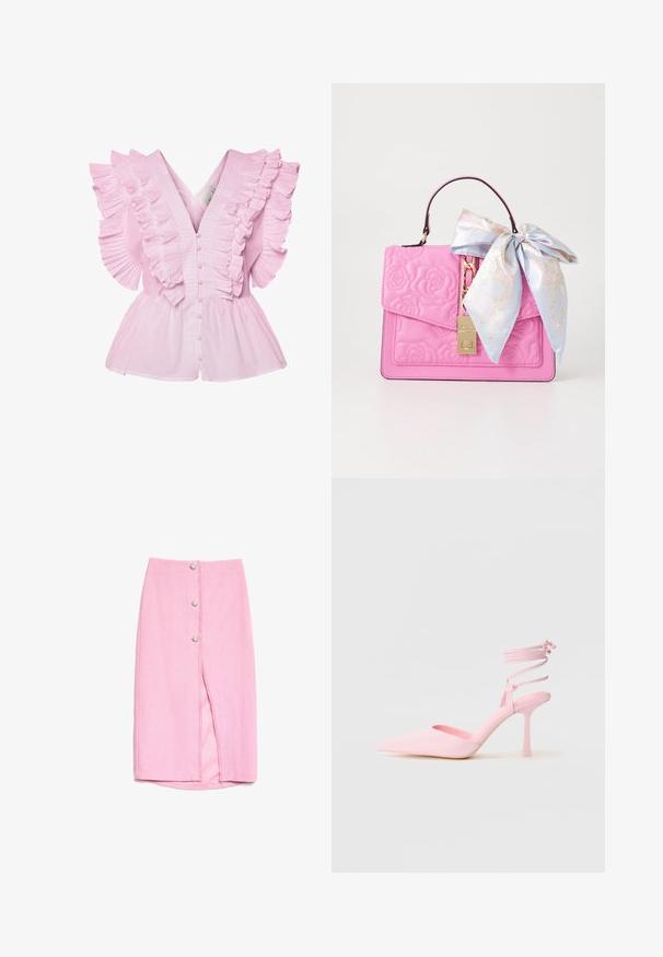 Blusa rosa claro con mangas acampanadas y escote en V. Tiene un cierre de botones en el frente y un corsé ajustado que se ensancha en un estilo peplum.; Falda rosa hasta la rodilla con tres botones decorativos de perlas y una abertura frontal, hecha de tela texturizada con un forro interior suave.; Zapatos de tacón alto rosas con punta afilada, acabado satinado y tira en el tobillo con detalles entrecruzados. Silueta elegante y tacón fino.; Bolso de mano acolchado de piel rosa con cierre de solapa, herrajes dorados y una cinta de satén azul claro decorada con patrones florales.
