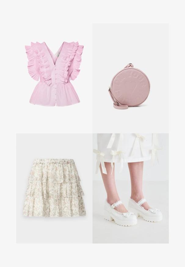 Lyserød bluse med flæsekantede ærmer og V-udskæring. Den har knaplukning foran og en tætsiddende bodice, der udvides til en peplum-stil.; Hvid nederdel med et lagdelt, bølget design. Udstyret med et delikat blomster mønster i pink og grøn. Elastisk talje for komfort.; Koi Footwear TIRA RUFFLE MARY JANES PORCELAIN DELIGHTS EDITION - Plateaupumps - white; Rund, lyserød lædertaske med præget tekst og hjerte-design, der har en aftagelig skulderrem og en glat overflade.