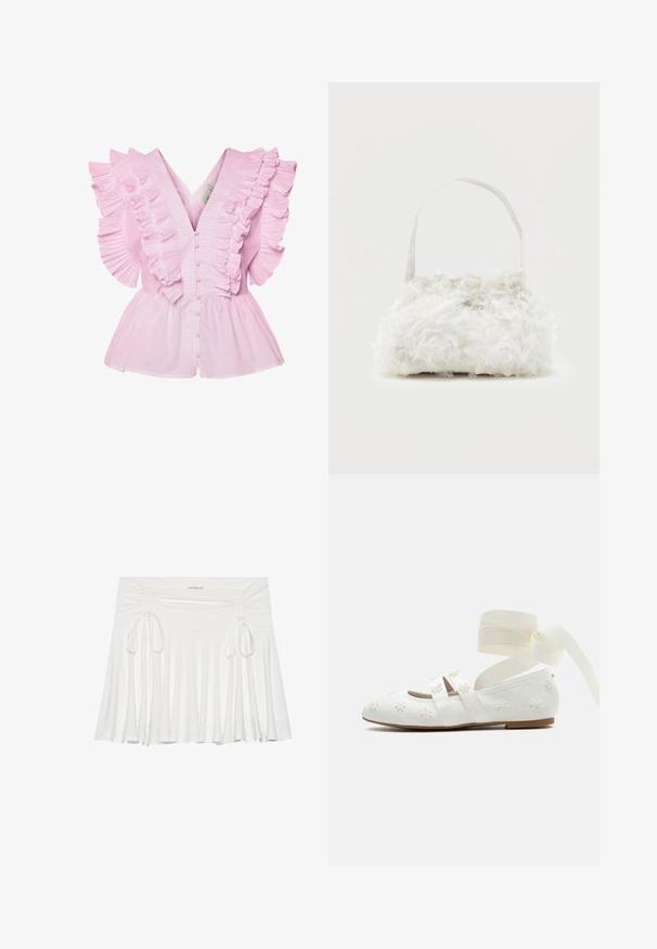 Blouse rose clair avec des manches volantes et un décolleté en V. Elle possède une fermeture à boutons à l'avant et un buste ajusté qui s'évase en style peplum.; Jupe évasée blanche en tissu doux, avec des détails froncés sur les côtés et des liens ajustables, créant une silhouette fluide.; Ballerine blanche avec broderies de fleurs, double brides sur le pied, et longs liens de ruban autour de la cheville sur un fond uni.; Petit sac à main blanc orné de roses en tissu recouvrant le corps et d'une fine anse unique, sur un fond uni.