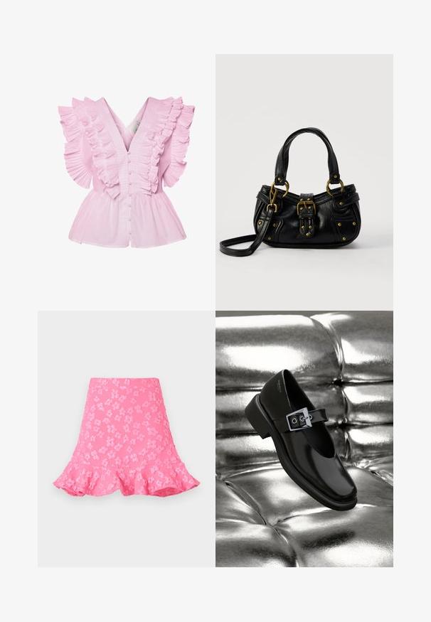 Blusa rosa claro con mangas acampanadas y escote en V. Tiene un cierre de botones en el frente y un corsé ajustado que se ensancha en un estilo peplum.; Falda rosa de corte acampanado que presenta patrones florales en relieve, un dobladillo con volantes y una textura suave. Longitud por encima de la rodilla con una cinturilla ajustada.; Zapato Mary Jane negro de cuero con punta cuadrada, acento de hebilla plateada y un tacón bajo y grueso, colocado sobre un fondo plateado brillante.; Bolso de cuero negro con hebilla y detalles de remaches dorados, asas cortas y una correa de hombro ajustable sobre un fondo blanco liso.