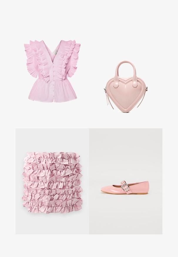 Blouse rose clair avec des manches volantes et un décolleté en V. Elle possède une fermeture à boutons à l'avant et un buste ajusté qui s'évase en style peplum.; Tissu froncé rose présentant plusieurs couches d'une texture douce et satinée avec des bords froncés. Forme rectangulaire avec une couleur riche et uniforme.; Ballerines en cuir verni rose avec un bout carré, détail de sangle à boucle et une semelle en caoutchouc plate. Texture lisse sur l'ensemble.; Sac à main en forme de cœur rose clair avec double poignée et fermetures éclair latérales, fabriqué en cuir lisse.