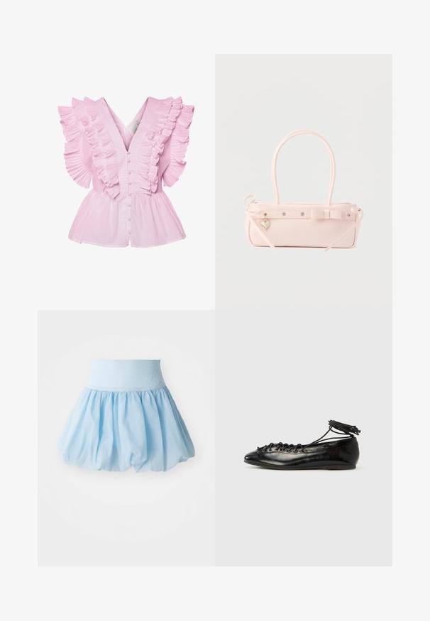 Helles pinkes Blusenshirt mit Rüschensleeves und V-Ausschnitt. Es hat eine Knopfleiste und ein tailliertes Oberteil, das in einen Peplum-Stil ausläuft.; Hellblauer, gepuffter Rock mit einem breiten elastischen Bund. Hergestellt aus weichem, leichtem Stoff mit einem fließenden, gerafften Design.; Schwarze Ballerinas aus Lackleder mit runder Spitze, Schnürdesign und flacher Sohle. Glatte Textur mit minimaler Verzierung.; Blassrosa rechteckige Handtasche mit doppelten Griffen, dekorativer Schleife, Metallösen und kleinem herzförmigem Anhänger vor einfarbigem Hintergrund.