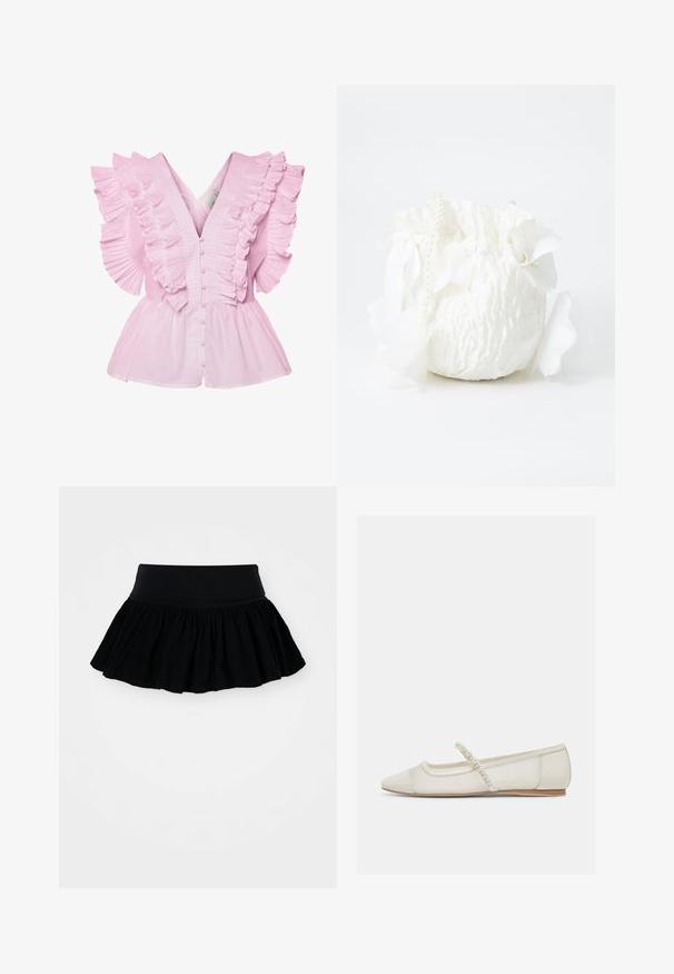 Helles pinkes Blusenshirt mit Rüschensleeves und V-Ausschnitt. Es hat eine Knopfleiste und ein tailliertes Oberteil, das in einen Peplum-Stil ausläuft.; Schwarzer ausgestellter Rock aus gerafftem, strukturiertem Stoff mit einem breiten Taillenbund. Schlichtes Design, keine Muster oder Beschläge vorhanden.; Elfenbeinfarbener, spitz zulaufender flacher Schuh mit perlenbesetztem Riemen und niedrigem Holzabsatz, Seitenansicht vor hellem Hintergrund.; Weißer Stoffbeutel mit strukturierter Oberfläche, ausgestattet mit einem Kordelzug, dekorativen weißen Blütenblättern und einem mit Perlen verzierten Tragegurt.