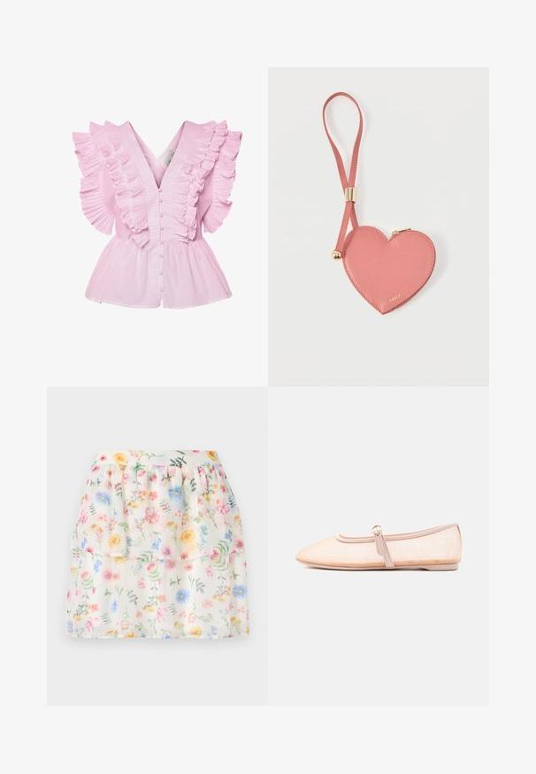 Blouse rose clair avec des manches volantes et un décolleté en V. Elle possède une fermeture à boutons à l'avant et un buste ajusté qui s'évase en style peplum.; Jupe à volants blanche avec imprimé floral, présentant des fleurs pastel et des accents verts. Fabriquée en tissu léger, avec une taille froncée.; Chaussure plate beige clair avec un bout pointu et une bride latérale avec boucle, présentée sur un fond blanc uni.; Pochette à pièces en cuir rose en forme de cœur avec sangle de poignet et fermeture éclair dorée, marquée d’un petit texte doré "Furla".