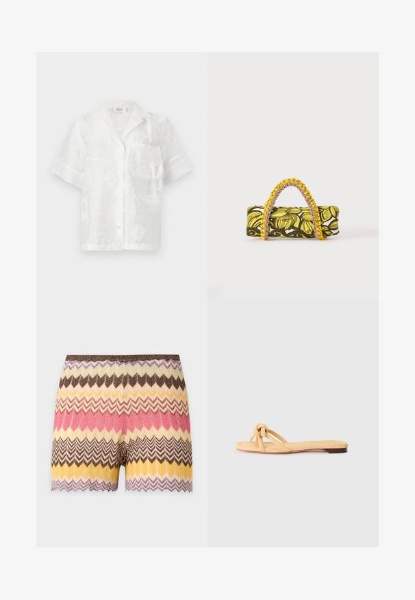 Witte korte mouwen blouse met knopen, subtiel reliëf wereldkaartpatroon en één borstzak, kraag open.; Gebreide shorts met zigzagpatroon in tinten bruin, crème, geel, roze en paars, met een geschulpte zoom.; Geel geweven platte sandaal met twee kruislings geplaatste banden, een geknoopte detail aan de voorkant en een lage, bruine zool.; Rechthoekige tas met geel-zwart bloemenpatroon en gevlochten geel-roze handvat op witte achtergrond.