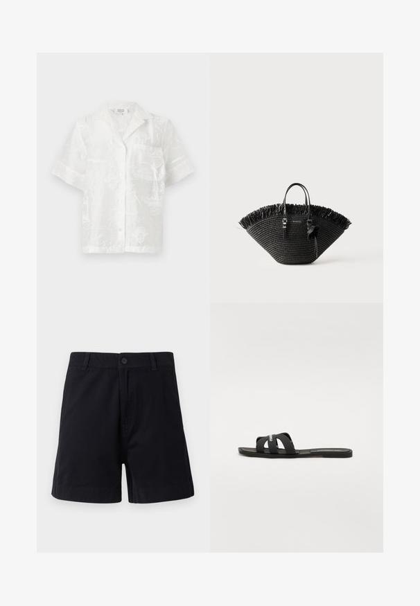 Weißes kurzärmeliges Hemd mit Knöpfen, dezent eingeprägtem Weltkartenmuster und einer einzelnen Brusttasche, offenem Kragen.; Dunkelblaue Baumwollshorts mit Knopfverschluss, seitlichen Taschen und geradem Schnitt, mit glatter Textur und einfachem Design.; Schwarze Riemensandale mit flacher Sohle und zwei breiten, überkreuzten Riemen. Hergestellt aus glattem Material, mit einem minimalistischen Design und ohne sichtbare Muster.; Schwarze gewebte Tragetasche mit breiter Fächerform, fransigem oberen Rand, zwei Griffen und einer dekorativen Schleife an einem Griff.