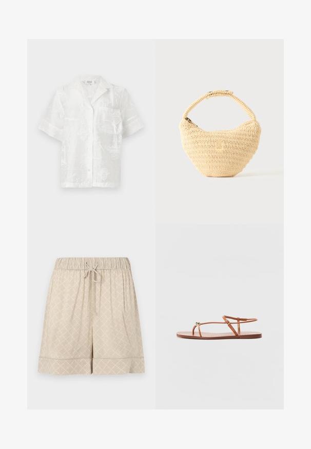 Chemise blanche à manches courtes avec boutons, motif subtil en relief de carte du monde et une poche poitrine unique, col ouvert.; Shorts beiges en tissu doux avec une taille élastique, un cordon de serrage et une texture à motif en losanges. Comprend un ourlet à revers.; Loeffler Randall LARA STRAPPY - Sandales tongs - timber; Sac à main beige tissé avec corps arrondi, fermeture éclair et une sangle courte et épaisse dans un style crochet simple et texturé.