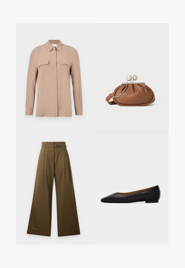 Beiges Langarm-Hemd mit Knopfleiste aus leichtem Stoff. Verfügt über zwei Brusttaschen und einen klassischen Kragen, mit geradem Schnitt und minimalistischem Design.; Weite Hose aus olivgrünem Stoff, mit hoher Taille, vorderen Falten und einem silbernen, runden Gürtelschnallen-Detail. Angenehme, glatte Textur.; Schwarzer flacher Schuh aus Leder mit spitz zulaufender Vorderkappe, niedrigem Absatz und glatter Oberfläche, von der Seite vor einem hellgrauen Hintergrund dargestellt.; Braune Leder-Clutch mit silbernem Kugelverschluss und einem kleinen silbernen Kettendetail auf weißem Hintergrund.