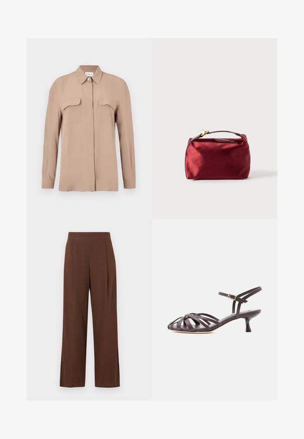 Chemise beige à manches longues avec boutons, en tissu léger. Dispose de deux poches poitrine et d'un col classique, avec une coupe droite et un design minimaliste.; Pantalon marron à jambes larges avec une texture lisse, présentant un devant plat et des plis. La taille est élastiquée pour le confort et l'ajustement.; Sandale à talon kitten en cuir marron foncé avec lanières et bride de cheville réglable à boucle sur fond blanc.; Trousse de maquillage en satin bourgogne de forme rectangulaire, avec fermeture éclair et une poignée courte. Présente un design minimaliste et une texture lisse.