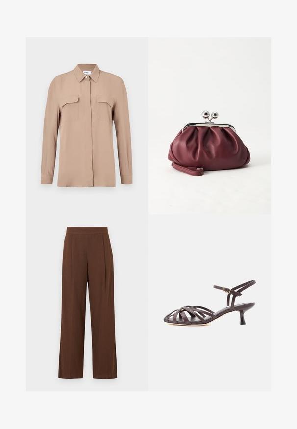 Chemise beige à manches longues avec boutons, en tissu léger. Dispose de deux poches poitrine et d'un col classique, avec une coupe droite et un design minimaliste.; Pantalon marron à jambes larges avec une texture lisse, présentant un devant plat et des plis. La taille est élastiquée pour le confort et l'ajustement.; Sandale à talon kitten en cuir marron foncé avec lanières et bride de cheville réglable à boucle sur fond blanc.; Petit sac pochette en cuir bordeaux avec fermoir métallique argenté et bracelet sur fond blanc.
