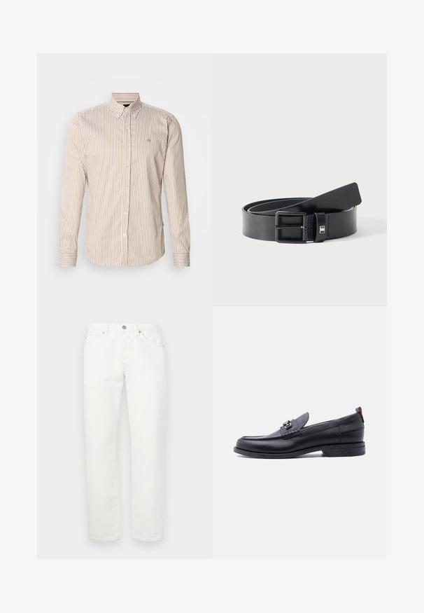 Stribet skjorte med knapper i beige og lysebrun. Lange ærmer, klassisk krave, knapper foran og en lille logo på brystet. Bomuldsstof.; Hvide denimbukser med lige ben-design. Har en traditionel fem-lomme-layout, metalknaplukning og let struktur.; Sort lædermokasin med grå tekstureret forfod, sølvfarvet metalspænde, lav hæl og trækflap bagpå.; Sort læderbælte med mat sort metalspænde, let rullet med remmenes ende hvilende på en hvid overflade.