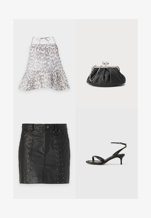 Ærmeløs, let top i let stof med grå leopardprint. Volangkant og justerbare snore i ryggen.; Sort læder mini nederdel med snøre detaljer i siderne med metal øsken, fem-lomme design og en tætsiddende silhuet.; Sort damesandal i læder med tynde remme, en tå-loop, ankelspænde og en mellemhøj stiletthæl på en neutral baggrund.; Sort læder clutch med samlet tekstur, sølvfarvet metalramme, kys-lås lukning og kædestrop. Glat, blød overflade.