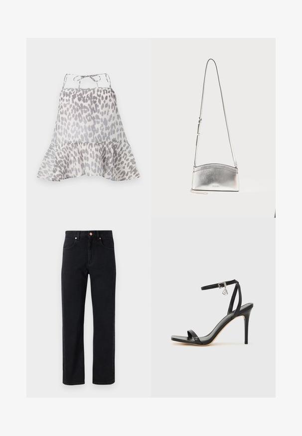 Ærmeløs, let top i let stof med grå leopardprint. Volangkant og justerbare snore i ryggen.; Sorte denim jeans med lige ben, fem-lomme design, kobberknap detaljer og minimal syning synlig.; Sort hæl-sandal med smal ankrem, firkantet tå-boks, glat lædermateriale og metalspænde som pynt.; Sølvmetallic crossbody-taske med justerbar rem og diskret logo foran mod en ensartet lys baggrund.