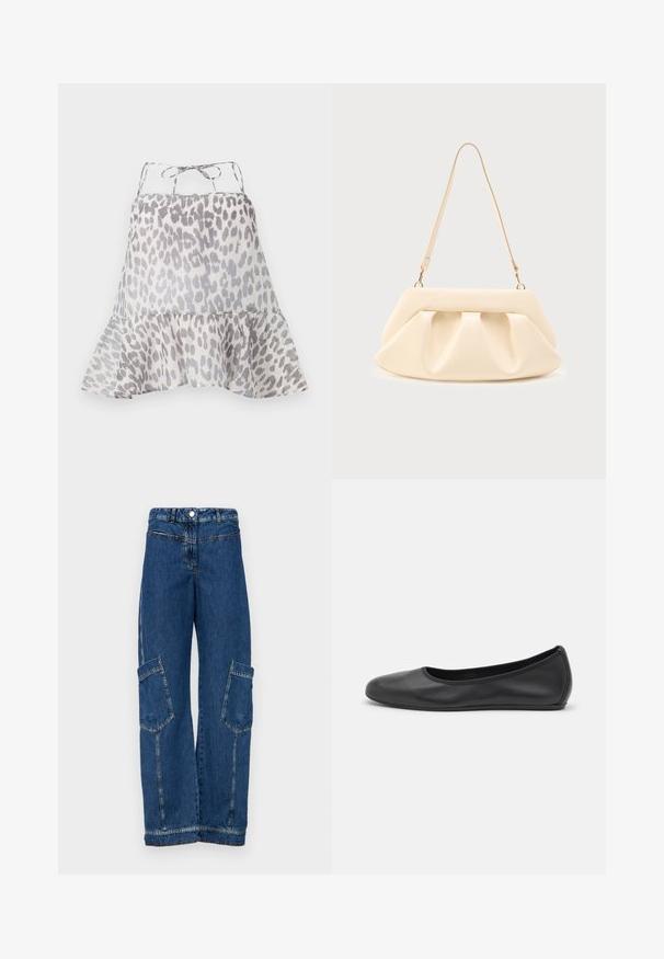 Haut sans manches léger en tissu léger avec un imprimé léopard gris. Ourlet froncé et bretelles ajustables au dos.; Pantalons cargo en denim bleu avec une taille haute, une jambe large, deux grandes poches latérales et des détails de rivets et de coutures traditionnels.; Ballerines en cuir noir avec un bout rond, texture lisse, détails de couture minimalistes et design de semelle flexible.; Sac à main en cuir couleur crème avec des plis froncés, des ferrures dorées, et une seule bandoulière fine sur un fond uni.