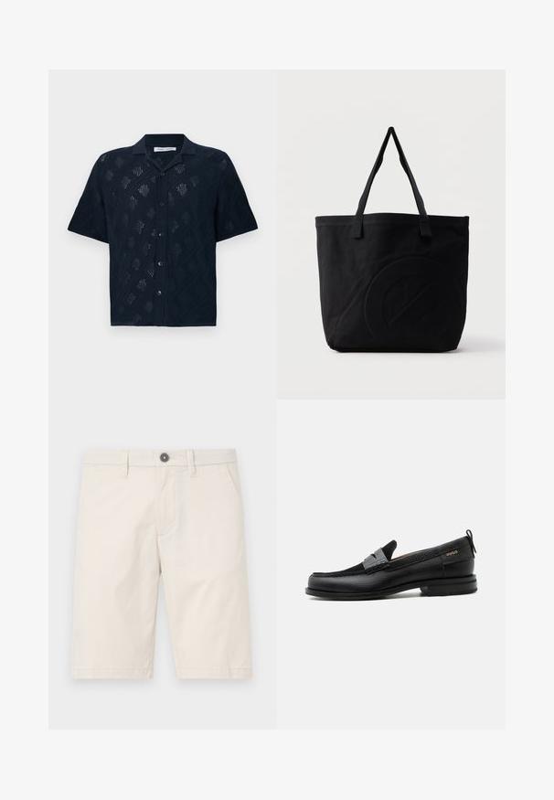 Chemise noire à manches courtes avec boutons, motif losange en maille ajourée et col classique, présentée sur fond blanc.; Shorts beige clair en coton, avec une coupe droite, deux poches latérales et un bouton noir à la taille.; Mocassin en cuir noir avec détail de bride grise, talon bas et semelle texturée, marqué "HUGO" en or sur le côté.; Sac fourre-tout en toile noire avec deux bandoulières et un motif circulaire discret en relief sur le devant.