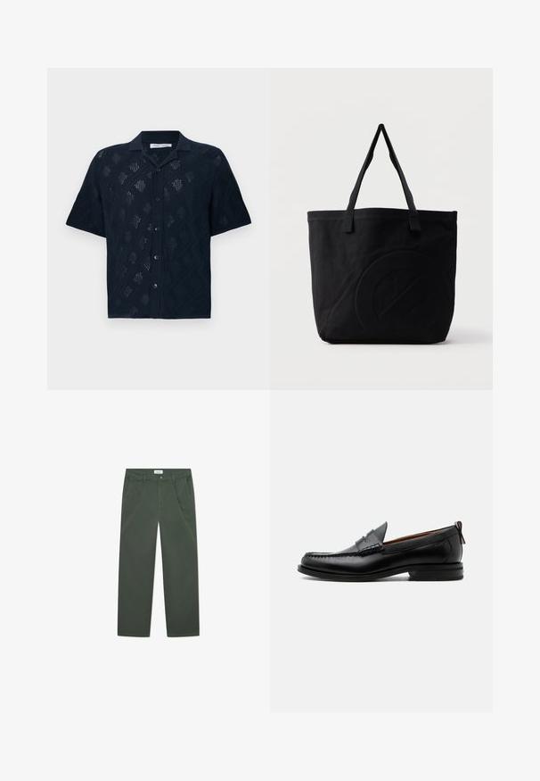 Camisa negra de manga corta con botones, con patrón de rombos de punto abierto y cuello clásico, mostrada sobre fondo blanco.; Pantalones de algodón verde oscuro con un diseño de pierna recta, bolsillos frontales y cierre de botón en la cintura. Textura suave, sin patrones.; Mocasín de hombre de piel negra con costura moc toe, tira penny, cuello texturizado y tacón bajo apilado sobre fondo blanco.; Bolsa tote de lona negra con dos correas para el hombro y un diseño circular en relieve sutil en el frente.