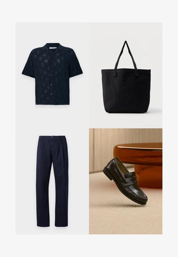 Chemise noire à manches courtes avec boutons, motif losange en maille ajourée et col classique, présentée sur fond blanc.; Pantalons bleu marine en tissu à texture lisse, avec des jambes droites, une fermeture à bouton et un pli avant unique.; Mocassin en cuir noir brillant avec un détail de bride, posé sur un tapis beige près d'une table basse ronde en bois brun dans une pièce doucement éclairée.; Sac fourre-tout en toile noire avec deux bandoulières et un motif circulaire discret en relief sur le devant.