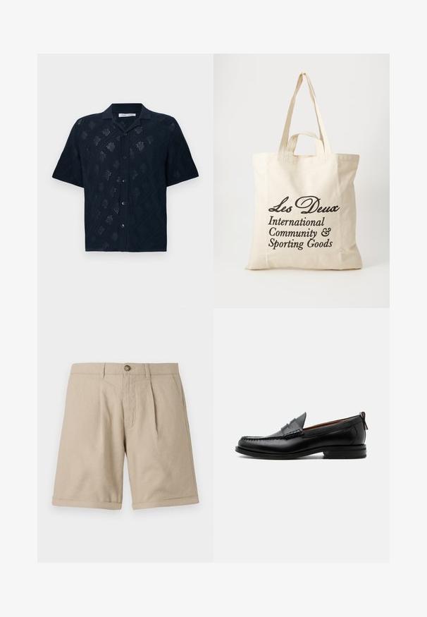 Zwart kort mouw knoopoverhemd met opengewerkt ruitpatroon en een klassieke kraag, getoond op een witte achtergrond.; Beige linnen korte broek met rechte pasvorm, voorzien van voorvouwen, een knoopsluiting en opgerolde zoomdetails. Soepele textuur met een minimalistisch ontwerp.; Zwarte leren herensloffen met moc toe stiksel, pennyriem, gestructureerde kraag en lage gestapelde hak op witte achtergrond.; Beige katoenen tote bag met twee stevige handvatten. Beschikt over zwarte bedrukte tekst: "Les Deux International Community & Sporting Goods."