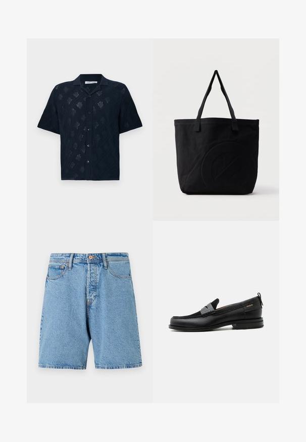 Sort kortærmet skjorte med knapper og åbent diamantmønster samt klassisk krave, vist på hvid baggrund.; Lyseblå denimshorts med klassisk pasform, fem lommer og kontraststing. Har knaplukning og frynset kant.; Sort læderloafer med grå remdetalje, lav hæl og tekstureret sål, mærket med "HUGO" i guld på siden.; Sort canvas-tote-taske med to skulderstropper og et diskret præget cirkeldesign på fronten.