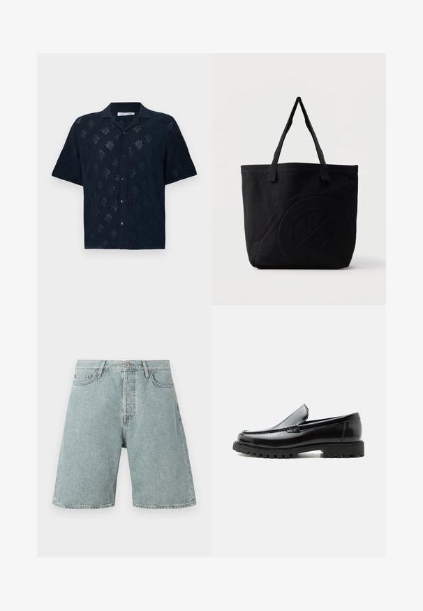 Schwarzes Kurzarm-Hemd mit offenem Strick-Diamantmuster und klassischem Kragen, auf weißem Hintergrund dargestellt.; Hellblaue Jeans-Shorts mit lässiger Passform, fünf Taschen und Knopfverschluss. Abgeriebene Textur mit sichtbaren Nähten.; Schwarzer Lederloafer mit grober Gummisohle, genähter Oberseite und geprägtem Markennamen an der Ferse, seitlich auf weißem Hintergrund gezeigt.; Schwarze Canvas-Shopper-Tasche mit zwei Schulterriemen und einem dezenten, eingeprägten kreisförmigen Design auf der Vorderseite.
