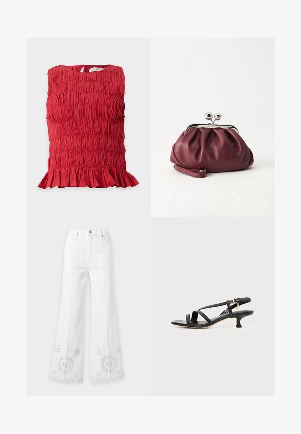 Blouse rouge sans manches avec tissu froncé, ourlet à volants et petite ouverture en forme de goutte dans le dos avec fermeture par bouton.; Jean blanc taille haute à jambes larges avec broderie florale en œillet et ourlets festonnés.; Sandale noire en cuir à brides fines, talon bas kitten, boucle à la cheville et petit pendentif doré sur fond clair uni.; Petit sac pochette en cuir bordeaux avec fermoir métallique argenté et bracelet sur fond blanc.