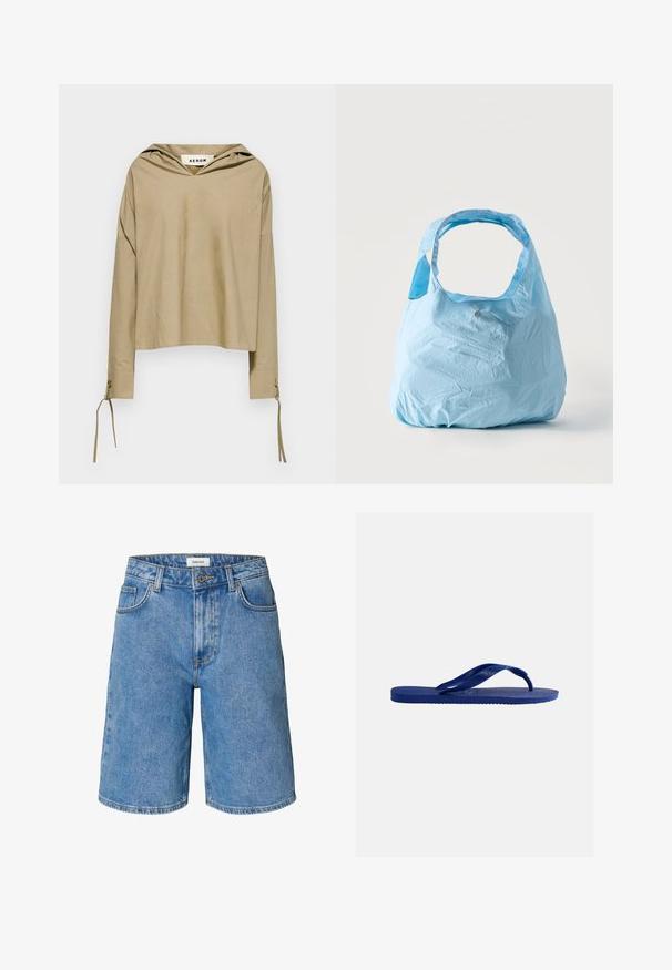 Beige hoodie met lange mouwen, voorzien van een V-halslijn en strikdetails bij de manchetten, gemaakt van lichte stof.; Blauwe denim shorts tot op de knie met voorzakken, riemlussen, knoopsluiting en een "Selected" merklabel op de tailleband.; Blauwe rubberen teenslipper met gestructureerde zool en Y-vormige bandjes, afgebeeld tegen een effen witte achtergrond.; Lichtblauwe herbruikbare boodschappentas met brede handvatten, licht geplooide stof, rechtopstaand op een effen witte achtergrond.