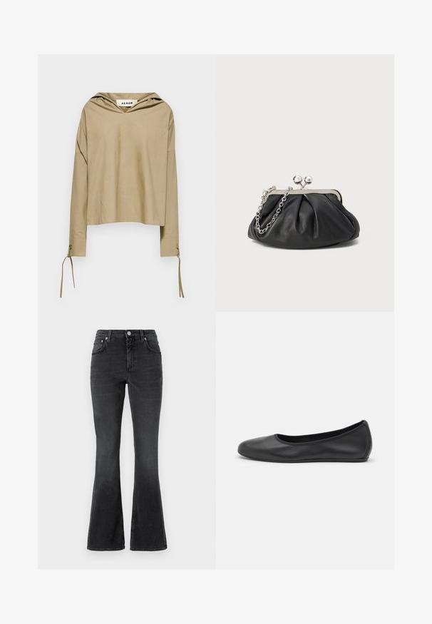 Beige Kapuzenoberteil mit langen Ärmeln, mit einem V-Ausschnitt und Bindebändern an den Bündchen, aus leichtem Stoff gefertigt.; CLOSED JOVANNA - Jeans Slim Fit - dark grey; Schwarze Leder-Ballettschuhe mit abgerundeter Spitze, glatter Textur, minimalen Nähdetails und einem flexiblen Sohlen-Design.; Schwarze Leder-Clutch mit geraffter Textur, silberfarbener Metallrahmen, Druckverschluss und Kettenriemen. Glatte, weiche Oberfläche.