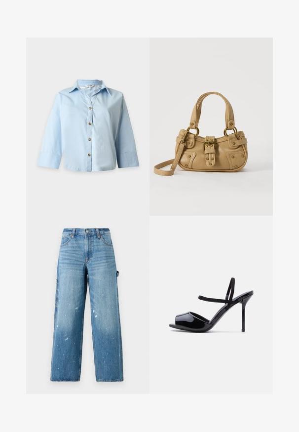 Lyseblå langærmet skjorte med krave og fire brune knapper foran på en ensfarvet baggrund.; Lysblå denim cargo jeans med brede ben, falmede sektioner og malersprøjt detalje. Har sidelommer og knaplukning.; Sort lakåben peep-toe højhælet sandal med tynde stropper omkring anklen og vristen mod en ensartet lys baggrund.; Beige læderhåndtaske med dobbelte håndtag, messing spænde og nitte detaljer samt en justerbar skulderrem mod en hvid baggrund.