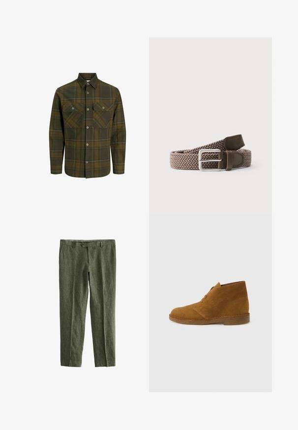 Camisa de cuadros verde oliva, hecha de una tela suave, con dos bolsillos en el pecho, cierre frontal de botones y acentos amarillos contrastantes en el patrón.; Next SIGNATURE - REGULAR FIT - Pantalones - olive green; Bota desértica marrón de ante hasta el tobillo con dos ojales y suela de crepé sobre fondo liso gris claro.; Cinturón de tela trenzada marrón con extremos de cuero oscuro y una hebilla metálica rectangular plateada sobre un fondo blanco.