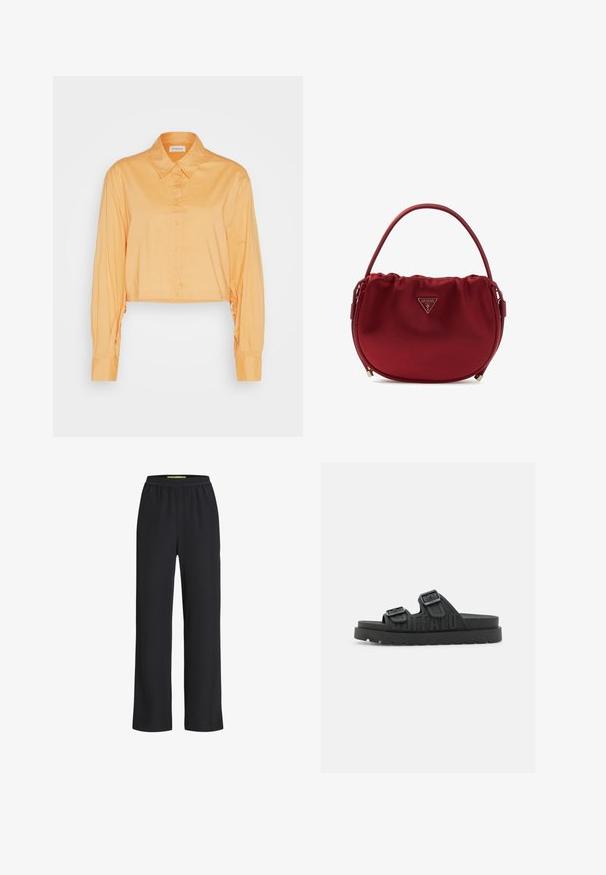Even&Odd Overhemdblouse - orange; Zwarte wijdlopende broek met een elastische tailleband, gemaakt van een zacht materiaal, met een gladde textuur en een losse pasvorm over de benen.; Zwarte slipper sandalen met twee verstelbare gespen, voorzien van een gestructureerde band en een chunky zool. "BUFFALO" is op de zijkant geperst.; Rode satijnen schoudertas met een afgeronde vorm, geplooide details en een metalen logo-accent. Voorzien van een enkele schouderriem om te dragen.