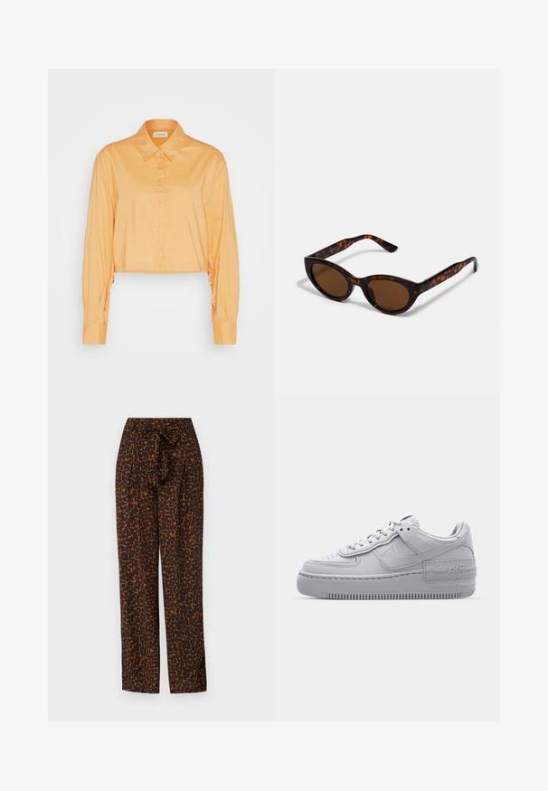 Even&Odd Blusa - orange; Pantalones de colores marrón y naranja con un cinturón anudado, diseño de pierna ancha, tela suave, que presentan una textura de print de leopardo abstracto.; Zapatilla Nike Air Force 1 gris con puntera perforada, parte superior de cuero suave, suela gruesa y detalle en relieve 'AIR' en el talón.; Gafas de sol de carey marrón con una forma vintage de ojo de gato y lentes marrones. Presentan brazos curvados con acentos rojos.
