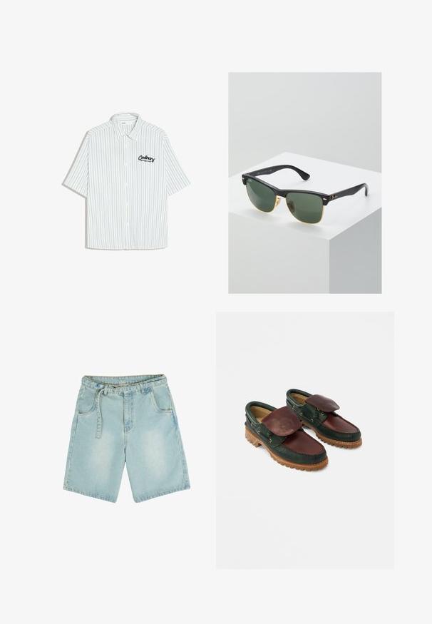 Chemise blanche à manches courtes avec boutons, fines rayures verticales bleues et texte noir indiquant "Ordinary Matters Club" sur la poitrine gauche.; Shorts en denim bleu clair avec une coupe droite, cinq poches, passants de ceinture et une finition délavée. Fabriqués en tissu coton durable.; Chaussures en cuir avec un corps vert foncé, un dessus bordeaux, un bout rond, un rabat sécurisé et une semelle en caoutchouc texturée avec des rainures.; Lunettes de soleil Ray-Ban avec des verres verts, monture en plastique noir et accents dorés sur les bords. Forme carrée avec une finition mate.