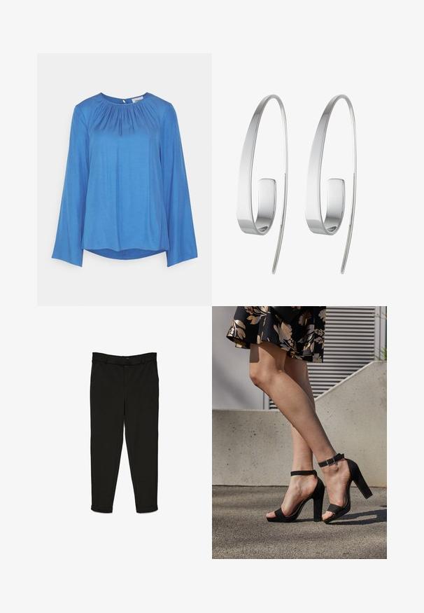 Minimum ELISAS - Blusa - delft; Pantalones negros de tela tejida, con un diseño de corte recto, parte delantera plana y puños en los tobillos para un aspecto estilizado.; Sandalias de tacón alto de ante negro con una correa en el tobillo y hebilla, diseño de punta abierta y tacón ancho. Textura suave y estilo minimalista.; Pendientes de aro de plata con un diseño elegante y alargado. Elaborados en metal pulido, presentan una textura suave y un estilo minimalista.