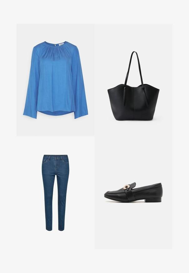 Minimum ELISAS - Bluse - delft; Blå denim slim-fit jeans med frontknap og lynlås, bæltestropper og lommer foran og bagpå.; Sort læder mokkasin med lav hæl, der har en guldfarvet dekoreret rem over vristen og et glat, strømlinet design.; Sort tote taske lavet af tekstureret læder, med to lange håndtag og et bølget topdesign med en central syning.