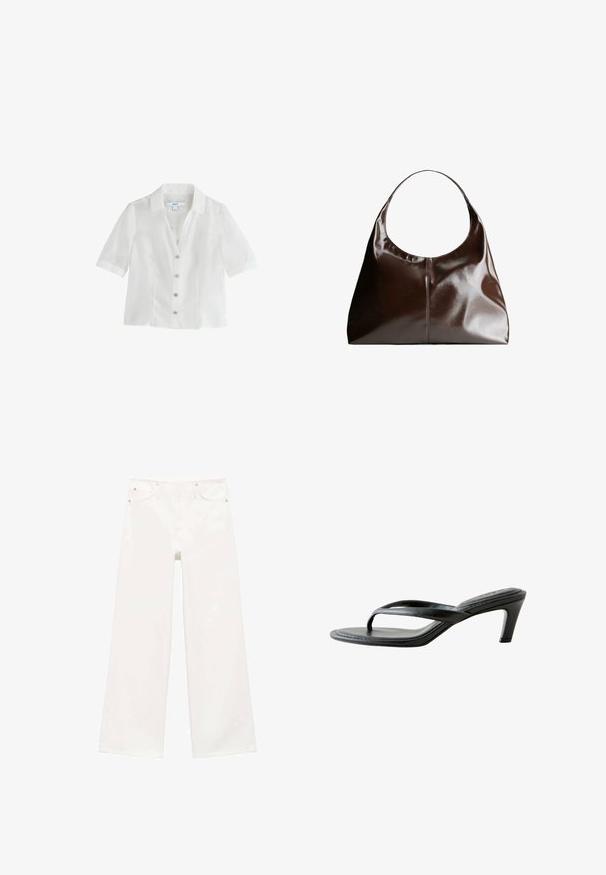 Witte blouse met korte mouwen, kraag en vijf knopen aan de voorkant, gemaakt van lichtgewicht stof, getoond tegen een witte achtergrond.; Witte hoge taille wijde pijpen jeans met een rits en knoopsluiting aan de voorkant, twee voorke pockets en lussen voor een riem.; Zwarte hooggehakte teenslipper met een smalle band en vierkante neus op een witte achtergrond, zijaanzicht.; Bruine leren hobo tas met een afgeronde bovenkant, een gladde textuur en subtiele stikdetails. De schouderband is breed en gebogen voor comfort.