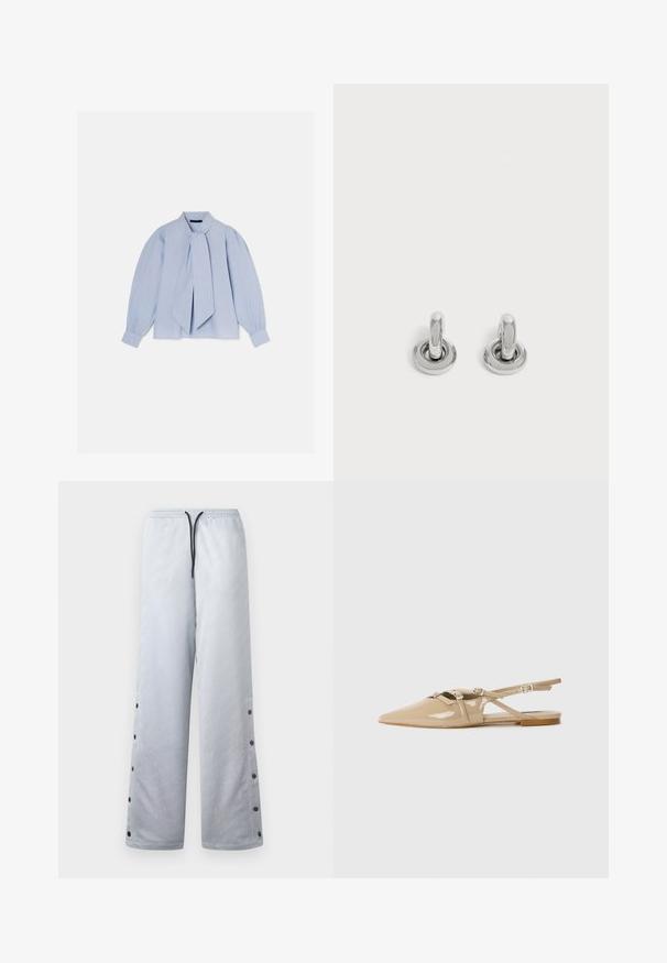 Lichtblauwe blouse met een strik bij de hals, lange pofmouwen en knoopmanchetten. De stof heeft een gladde textuur met een subtiele glans.; Lichtgrijze trainingsbroek met een glanzende textuur, voorzien van een elastische tailleband, zwarte koord en drukknoopjes langs de zijnaad.; Beige patenten leren slingback flats met puntige neus, decoratieve banden en gespen, en een lage hak. Glad, glanzend oppervlak met minimale details.; Een paar kleine, glanzende zilveren creolen met een ronde basis, afgebeeld op een effen lichte achtergrond.