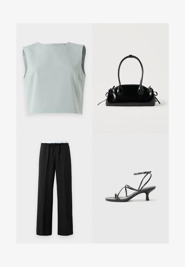 Strakke, mouwloze crop top van zachte, bleke blauwe stof. Kenmerkt zich door een ronde halslijn en subtiele stiksels, gemaakt van lichtgewicht materiaal.; Zwarte pinstripe wijde broek met een witte elastische tailleband en een zwarte trekkoordsluiting in de taille.; Zwarte hoge hakken sandalen met dunne banden, open teen ontwerp en een kleine, uitlopende hak. Het materiaal lijkt glad en glanzend.; Kleine zwarte glanzende handtas met twee lange hengsels en zijkant trekkoord details op een effen lichte achtergrond.