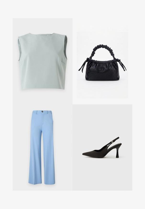 Elegante, ærmeløs crop top i blødt, lysblåt stof. Har en rund halsudskæring og diskrete sømdetaljer, lavet af letvægtsmateriale.; Lys blå vide bukser lavet af et glat stof, med knaplukning og forlommer. Rent, skræddersyet design uden mønstre.; Sorte slingback hæle med spids tå, glat mat finish og en slank, blank hæl. Justerbar rem med lille spænde detaljer.; Sort taske med krokodilletekstur, rynket øverste kant, samlet hank og snore med kvaster på hver side mod en hvid baggrund.