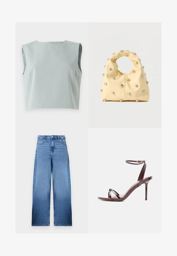 Sile, ilma varrukat crop top pehmest, helesinisest kangast. Omab ümmargust kaelust ja diskreetset õmbluste detaili, valmistatud kerge materjali kasutades.; Hele sinine avarad teksad, denimi materjal, kõrge talje, viis taskut, tõmblukk ja nööbi sulgemine. Omab peent tuhmumist tekstuuri jaoks.; Veenpunast lakknahast kõrge kontsaga sandaal õhukese pahkluu rihma ja risti oleva varba rihmadega valgel taustal.; Pehme kollane käekott ringikujulise sangaga, kaunistatud ühtlaselt paigutatud väikeste hõbedaste metallkruvidega siledal pinnal.