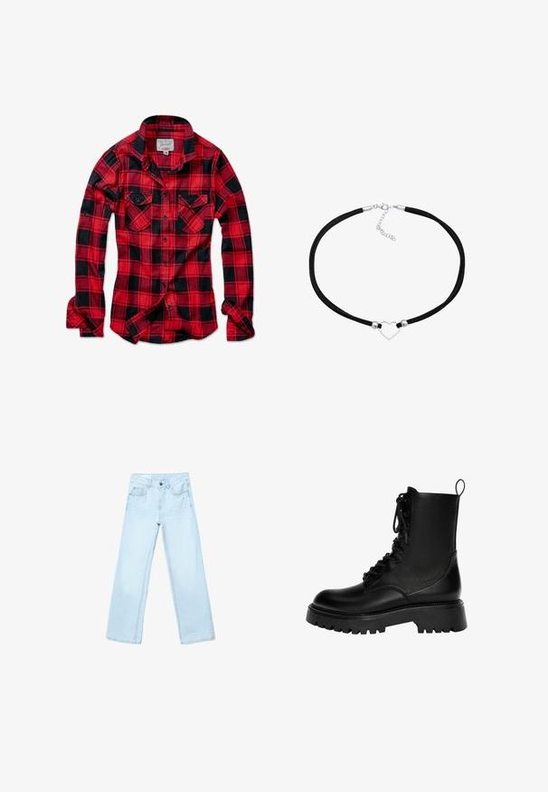 Rød og sort ternet flannel skjorte med lange ærmer, to brystlommer, spids krave og knaplukning foran. Blød stof tekstur.; Lyseblå jeans med høj talje og vide ben, med knapper og lynlås foran samt lommer foran og bagpå, lagt fladt på hvid baggrund.; Sorte snørebånd ankelstøvler lavet af syntetisk læder, med en kraftig sål, trækstrop og fremtrædende syninger.; Sort faux suede choker med en sølv hjertevedhæng i midten, der har runde metal accenter og et spænde med en forlængerkæde.