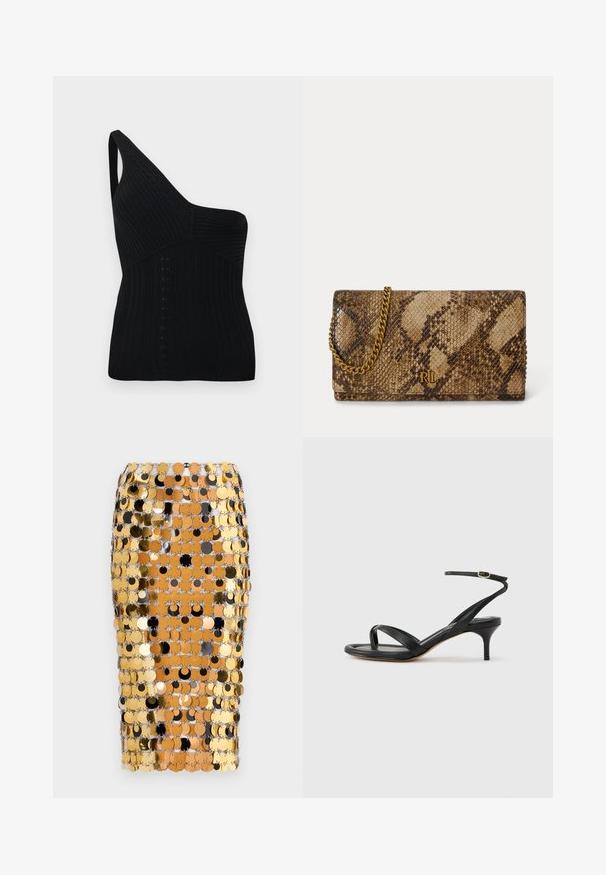 Sort strikket tanktop med enkelt skulderstrop. Har ribbet tekstur og geometriske designelementer på fronten.; Rabanne Pencil skirt - brown/black; Sort damesandal i læder med tynde remme, en tå-loop, ankelspænde og en mellemhøj stiletthæl på en neutral baggrund.; Lille rektangulær clutchtaske med brun slangeskindsstruktur, guldkæde og gyldent RL-logo på frontklappen.
