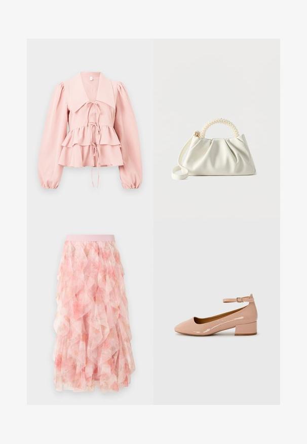Lichtroze blouse met grote kraag, lange opgeblazen mouwen, gelaagde ruches aan de zoom en drie knoopsluitingen aan de voorkant.; Roze midi rok van gelaagde tule met bloemenpatroon en elastische tailleband, voorzien van zachte gerimpelde texturen.; Patentleren roze ballerina met een ronde punt, enkelbandje en een lage blokhak. Gladde textuur en minimalistisch ontwerp.; Kleine witte handtas met een gerimpeld lichaam, ronde handgreep versierd met parels en een afneembare schouderriem tegen een effen achtergrond.