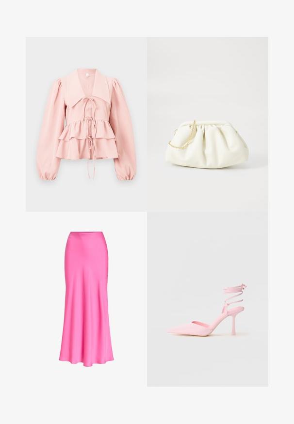 Hellrosa Bluse mit großem Kragen, langen gepufften Ärmeln, mehrlagigem Rüschensaum und drei vorderen Binderverschlüssen.; Knallpinker Satin-Midirock mit tailliertem Bund und leichtem Ausstellen zum Saum, glatter, glänzender Stoff, keine Muster oder Verzierungen.; Rosa High Heels mit spitzem Zeh, satinierter Oberfläche und Knöchelriemen mit gekreuzten Details. Elegante Silhouette und dünner Absatz.; Weiße Lederhandtasche mit einem gerafften Design, ausgestattet mit einem goldenen Kettenriemen und einer runden Form. Glatte Textur mit sanften Falten und ohne Muster.