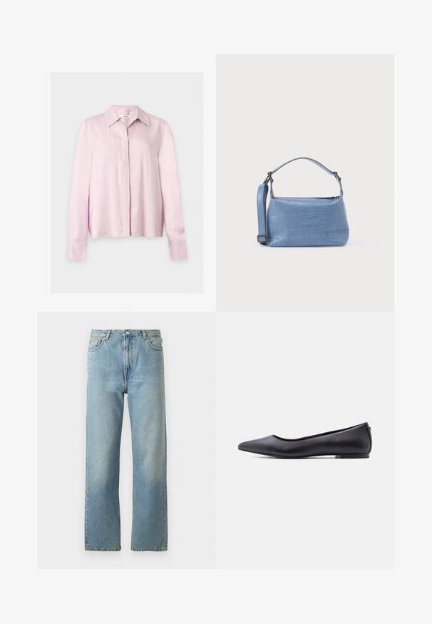 Hellrosa Bluse mit langen Ärmeln, Kragen, verdeckter Knopfleiste und maßgeschneiderten Manschetten, präsentiert auf hellem Hintergrund.; Hellblaue Denim-Jeans mit geradem Bein, ausgestattet mit einem Fünf-Taschen-Stil und einem Knopfverschluss am Bund.; Schwarzer flacher Lederschuh mit spitzer Kappe und niedrigem Absatz, seitlich vor weißem Hintergrund gezeigt.; Hellblaue Handtasche mit Krokodilleder-Prägung, kurzem Griff und abnehmbarem Schulterriemen. Glatte Textur mit Reißverschlussverschluss.