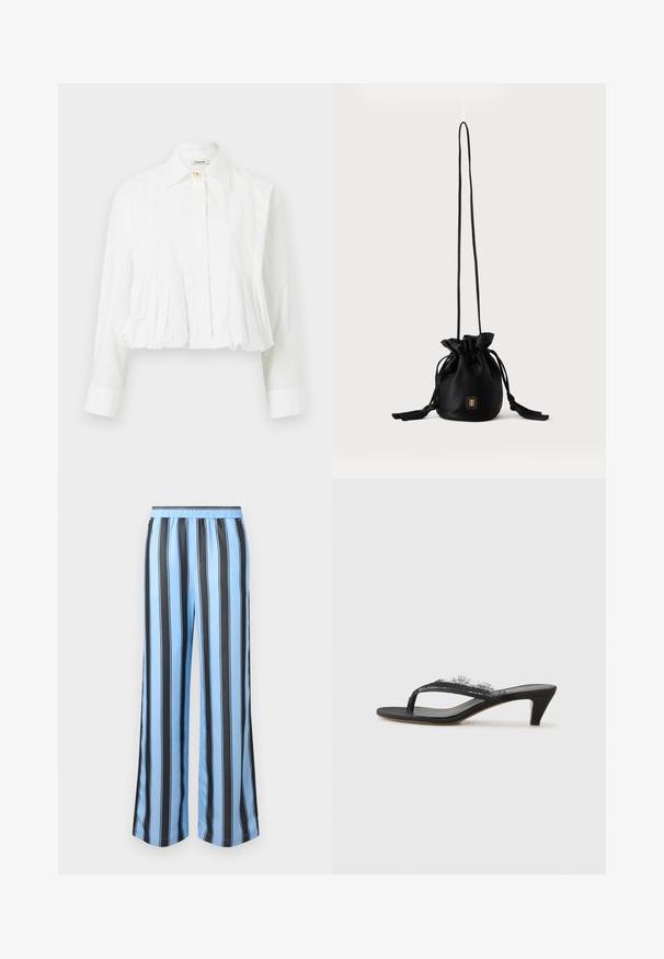 Blouse blanche à manches longues avec taille plissée, col classique, fermeture par un seul bouton supérieur et boutons avant dissimulés.; Pantalon en satin bleu clair avec de larges rayures verticales noires, taille élastique et coupe droite décontractée.; NEOUS KALLIOPE - Sandales tongs - black; Sac seau noir à cordon avec une longue sangle fine et un petit logo carré doré sur le devant, présenté sur un fond uni.