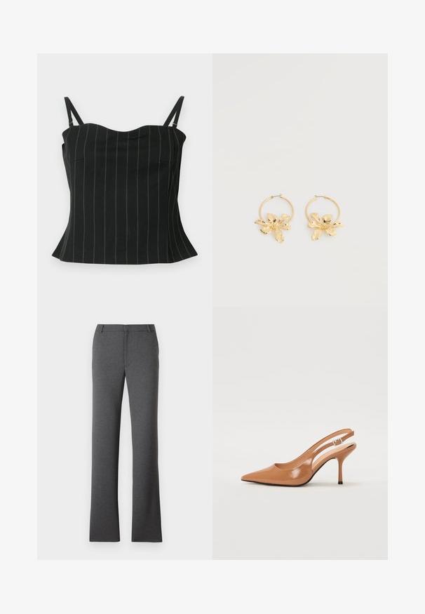 Sort camisole-top med tynde lodrette striber, har spaghetti-stropper, en hjerteformet halsudskæring og en klokkeformet kant forneden.; Grå bukser med en lige ben-design. Fremstillet af et struktureret stof, med flad front og bæltesløjfer. Ingen synlige mønstre eller hårdvarer.; Spids tå slingback hæl i et glat, blankt tan materiale. Har et buet udskæring design og en slank stiletto hæl. Sølv spænde detalje.; Gyldne øreringe i hoop med store, teksturerede blomsterformede vedhæng, vist på en ensartet hvid baggrund.