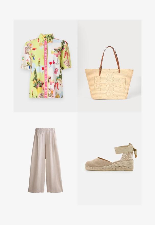 Chemise à manches courtes boutonnée avec des imprimés colorés de perroquets, cactus, rouge à lèvres, cocktails, cartes à jouer, piments et cœurs sur fond pastel.; Pantalon beige à jambes larges avec taille élastique, fabriqué en tissu léger, présenté à plat sur un fond blanc.; Espadrille beige avec une tige en toile, un talon texturé tissé et une semelle en jute tressé ; dispose d'une bride à la cheville pour un maintien sécurisé.; Sac fourre-tout tissé beige avec un grand motif croisé texturé à l'avant et des bretelles en cuir marron.