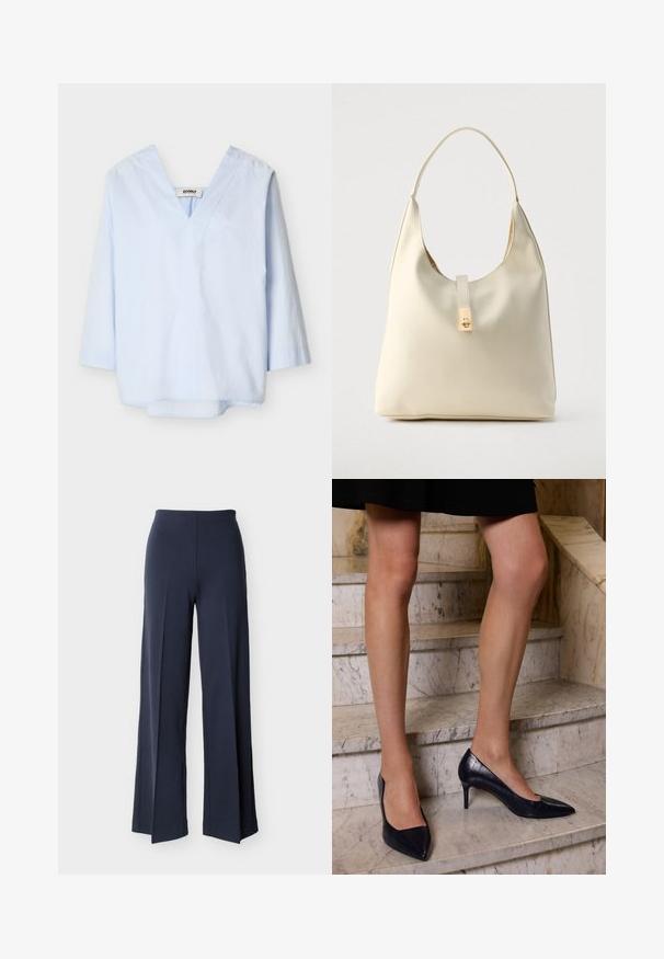Lichtblauwe blouse met lange mouwen, een diepe V-hals en een losse pasvorm, getoond op een witte achtergrond.; Marineblauwe wijde broek met zijsplitsingen, hoge taille en een gladde voorkant, weergegeven tegen een witte achtergrond.; Navyblauwe hoge hakken met een spitse neus, met een gladde en gestructureerde afwerking die lijkt op krokodillenleer.; Crèmekleurige leren hobo-tas met een enkele schouderband, een gladde textuur en een goudkleurige sluiting aan de voorkant.